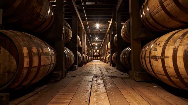 Whiskey barrel aging cellar wooden barrels storage distillery cellar aging process dark cellar bourbon barrels