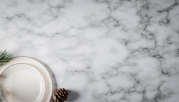 Elevated dining mockup for holiday celebrations with modern white plates and pine accents on elegant marble table perfect for festive invitations