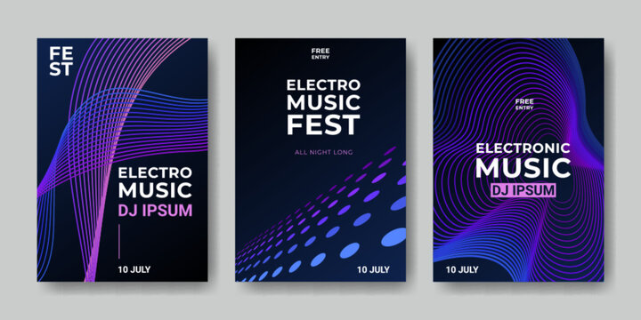 Electro music poster with abstract sound wave design and vibrant gradient background. Dynamic festival flyer template with geometric lines and neon elements for concert, party or DJ event promotion.