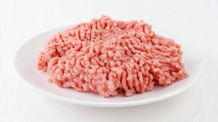 Raw Pork Mince on White Plate Isolated. Generative AI