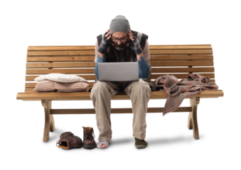 Homeless Man Sitting on Bench Using Laptop on White Background. Online Fraud Risk