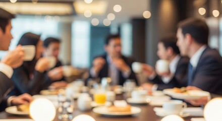Corporate Breakfast Meetup Blur – Defocused scene of professionals connecting over morning meals