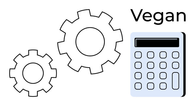 Two gears and a calculator paired with the word Vegan, combining themes of efficiency, technology, decision-making, sustainability, system functionality, environmentally conscious lifestyles