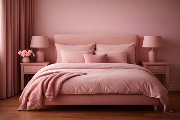 Luxury hotel bedroom interior design with comfortable bed and stylish pillows