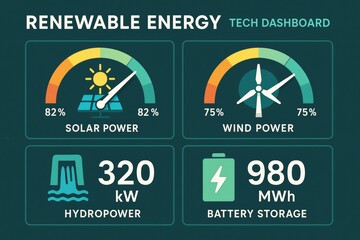 Renewable energy tech dashboard showing solar, wind, hydropower, and battery storage.