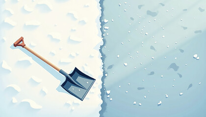 Snow shovel resting on boundary between snow and ice in winter setting