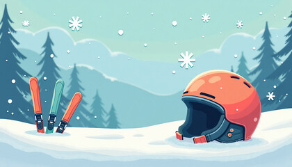 A snowboard helmet and stylized cartoon skis buried in the snow, with a winter landscape in the background