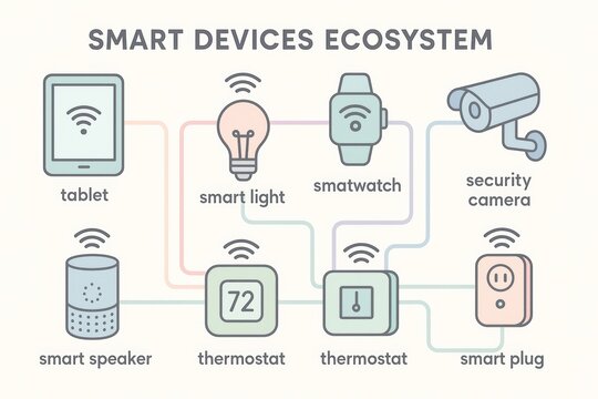 Smart home devices ecosystem diagram showing interconnected technology