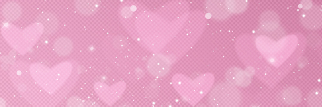 Pink bokeh heart background with glitter and sparkle effects. Love themed transparent gradient pattern with light elements, cute pastel colors and romantic dreamy atmosphere for Valentine Day design.