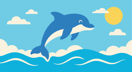 Dolphin Jumping Over Waves
Flat vector illustration of a happy dolphin leaping above bright blue waves
