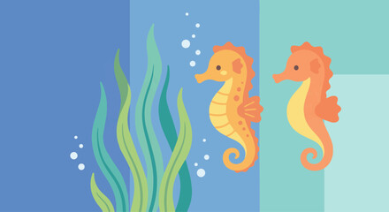 Obraz premium Seahorse Floating Near Seaweed Flat vector seahorse gently floating beside tall seaweed, small bubbles rising 