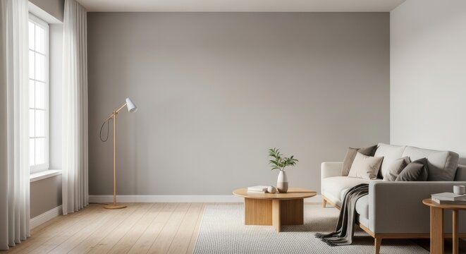 Minimalist living room interior featuring furniture, with empty walls to add text.