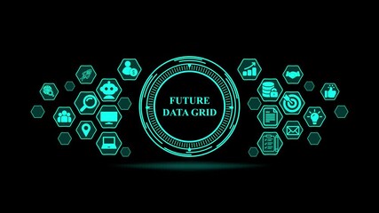 Future Data Grid with Neon Technological Icons technology . Technology, Internet and network concept 4k video . - Powered by Adobe
