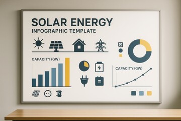 Solar energy infographic template with charts and icons on clean indoor wall background showing capacity growth and power generation concept. Ai generative