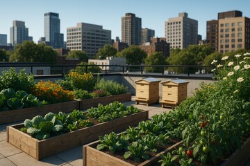 Fototapeta premium Rooftop urban garden with vegetables, flowers, and beehives under clear sky with city buildings in background on a bright summer day. Ai generative