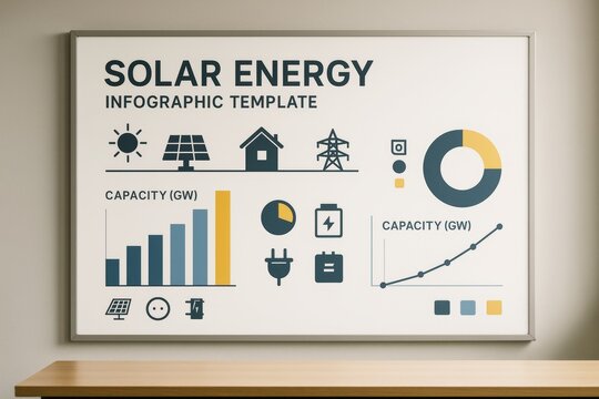 Solar energy infographic template with charts and icons on clean indoor wall background showing capacity growth and power generation concept. Ai generative