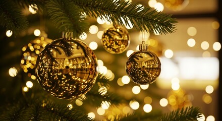 Magical Golden Christmas Bokeh Background. Christmas background. golden Christmas tree ornaments baubles hanging on pine branches. Represents christmas, new year, celebration, magic, winter holidays