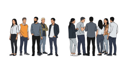 Group of People Standing in Two Groups Conversing and Interacting in a Line