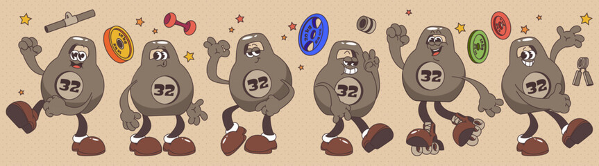 Groovy retro cartoon kettlebell mascot character set with 32 weights and vintage gym vibes. Playful fitness themed illustrations with athletic tools, colorful weight plates, dumbbells and stars.