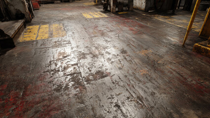Heavily distressed wooden floor planks exhibit extensive wear, peeling paint, grime, and industrial marks, suggesting an old, well-used, possibly abandoned space.