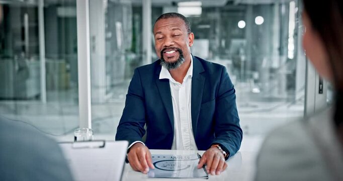 Financial advisor, meeting and man with people in office for budget planning, consulting and investment. Corporate, professional and worker with clients for discussion, finance review and advice