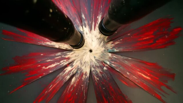 Abstract shot of two objects above a textured surface, painted red and white in a radial pattern