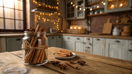 Rustic glass jar of cinnamon sticks on wooden table, warm ambient lighting, cozy kitchen backdrop.