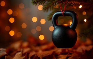 Minimalist holiday fitness concept featuring a black kettlebell hanging on a Christmas tree with warm festive lights and a soft bokeh background