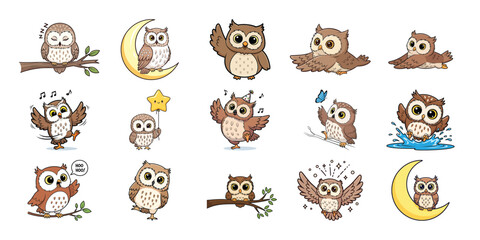 Collection of whimsical cartoon owl illustrations in various poses and styles