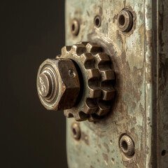 Metallic hardware element, intricately designed gear or bolt, with a rustic, worn texture