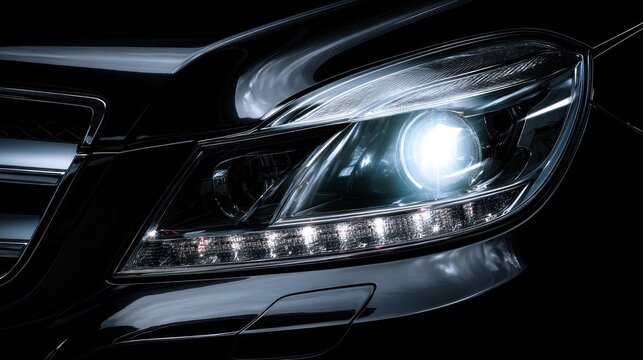 Close up of car headlight bright illumination modern design black vehicle