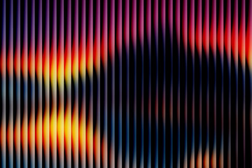 Abstract purple and orange vertical lines background with grainy noise texture, dark retro futuristic gradient pattern, vibrant synthwave stripe design for digital wallpaper