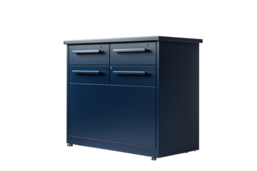 Navy blue metal filing cabinet isolated on transparent background, featuring four drawers with sleek handles, perfect for office storage and organization needs