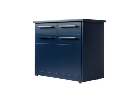 Navy blue metal filing cabinet isolated on transparent background, featuring four drawers with sleek handles, perfect for office storage and organization needs