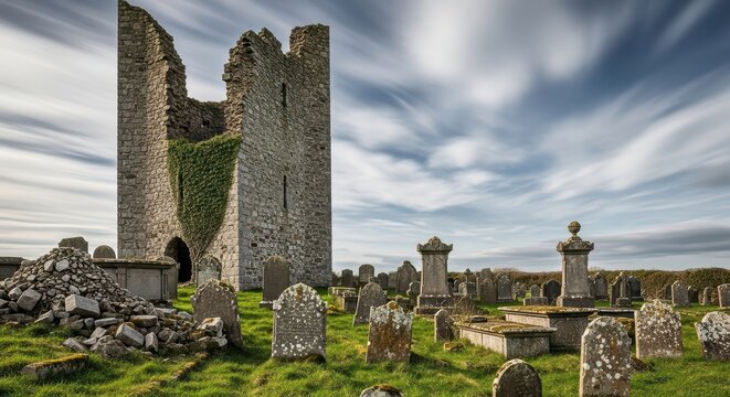 Ancient stone ruins and tombstones in abandoned cemetery under dramatic sky