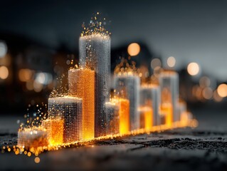 Futuristic Holographic Data Visualization with Glowing Blue-Orange Bar Charts and Particle Trails on Tech Grid, Blurred City Nightscape with Bokeh Lights, Ultra HD 8K Render