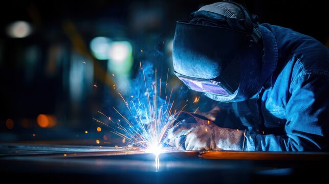 Welder at work blue sparks and industrial production process
