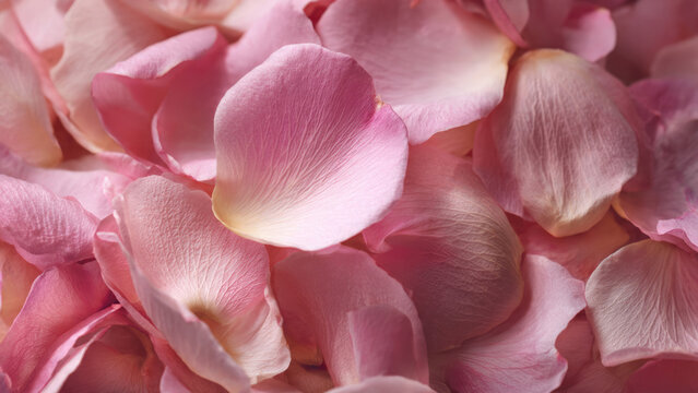 Beautiful close-up of soft pink rose petals delicately scattered. Fragile texture and gentle hues create a romantic, serene, natural background.