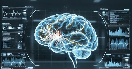 Brain scan with neural activity and diagnostic data displayed on screens. - Powered by Adobe