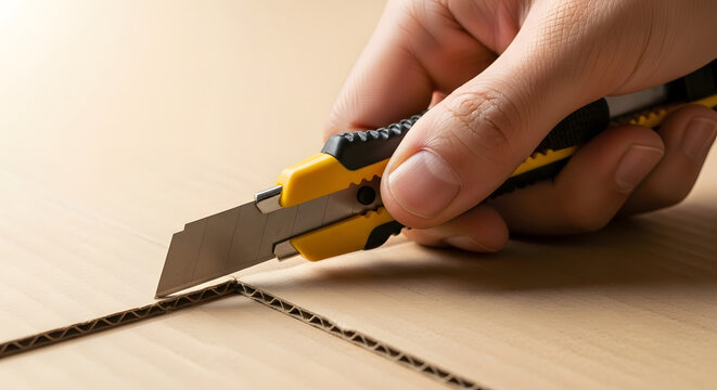 Close up view of a sharp box cutter slicing through corrugated cardboard with a human hand providing control and precision, Cutting through the cardboard box with a utility knife