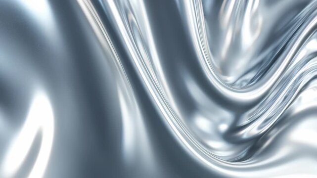 Dynamic flow of silver metal with glossy mirror-like surface reflecting light and creating a water effect for an abstract visual experience