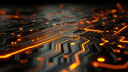 A mesmerizing close-up of a dark circuit board illuminated with glowing orange lines and traces, symbolizing advanced technology, data flow, and digital connectivity.