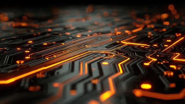 A mesmerizing close-up of a dark circuit board illuminated with glowing orange lines and traces, symbolizing advanced technology, data flow, and digital connectivity. - Powered by Adobe