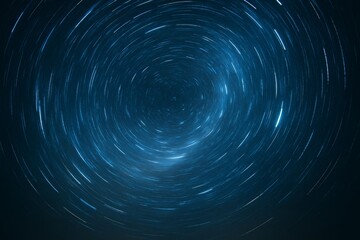 Fototapeta premium Abstract spiral star trail in deep blue night sky with swirling motion effect and bright streaks of light forming circular background pattern. Ai generative