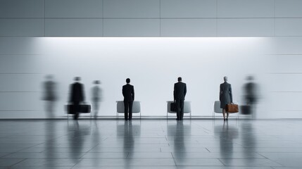 Business Professionals Stand in Minimalist Waiting Area with Blurred Movement.