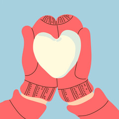 Winter greeting card. Two hands in red knitted mittens are holding snowball in form of heart. Trendy creative design concept hand drawn illustration for winter Holliday Christmas and Valentine s day .