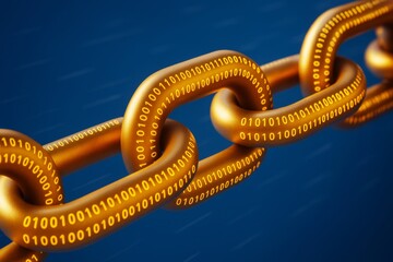 Golden digital blockchain chain links with binary code on glowing surface, floating in abstract space on a deep blue background. Ai generative.