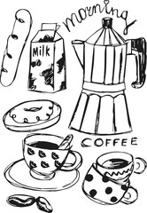 A charming hand-drawn doodle of a cozy morning coffee ritual &mdash; featuring a moka pot, smiling cups, milk, and pastries. Rendered in playful black-and-white lines, this sketch celebrates the simple joy 