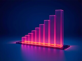 Modern 3D data visualization of a glowing red translucent bar chart on a dark blue background. Business analytics and financial growth concept.