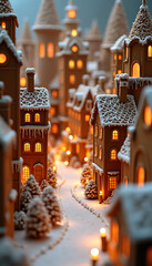 Enchanting gingerbread village illuminated at night with snowcovered roofs and warm lights